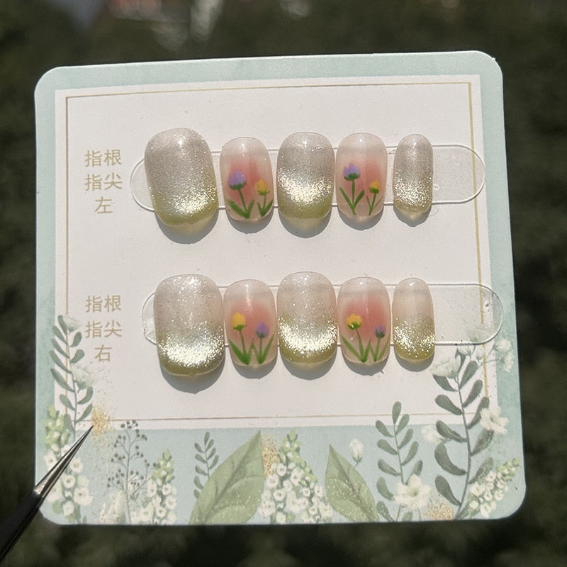 Green Cat's Eye Tulip Wearable Nail Pieces Light Therapy Handmade False Nails Wearing Finished Nails Artistic Patch Decoration