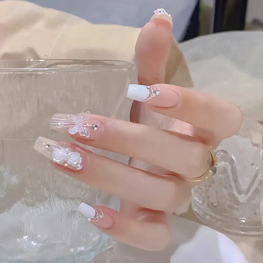 Medium Length Fake Nails 3D Flower Pearl Designs Nude Pink Color Press on Nails Ballerina False Nails for Women DIY Manicure