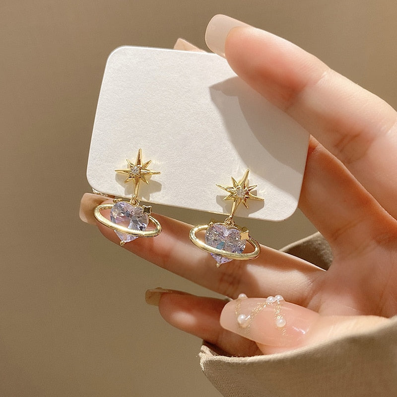 Korean Shine Six-manifold Star Earrings Women French Retro Planet Simple Design Versatile Temperament Stud Earrings Jewelry