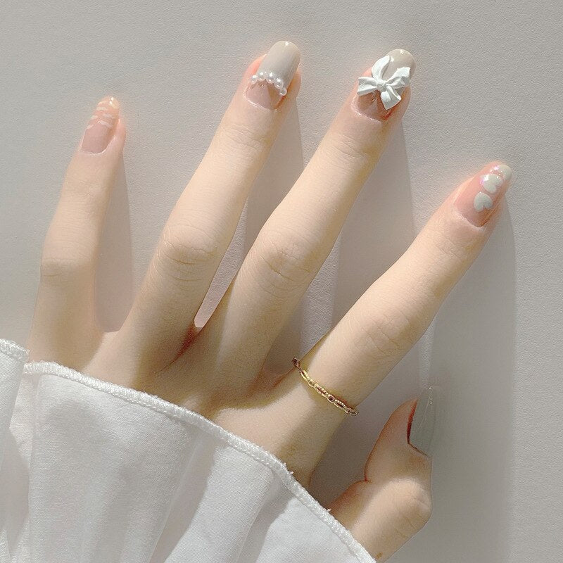 24Pcs Cute Short Square Head False Nails Pink Heart 3D Bow Design Fake Nail with Pearl Rhinestones Full Cover Press on Nail Tip