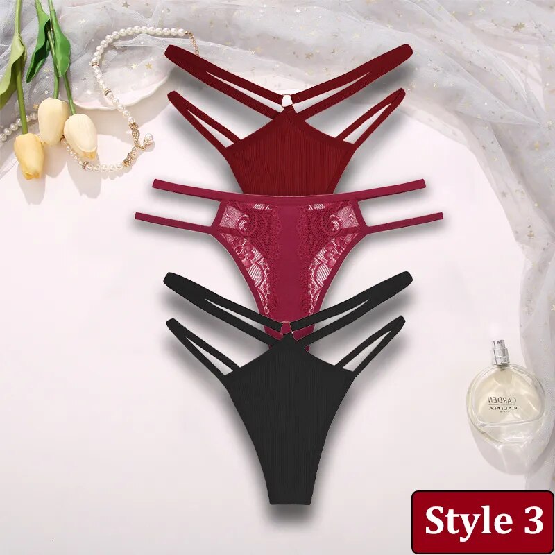 3PCS/Set Women Sexy Lace Panties Hollow Out Thongs Low Waist Female Cotton G-String Underwear Bikini Intimates Lingerie