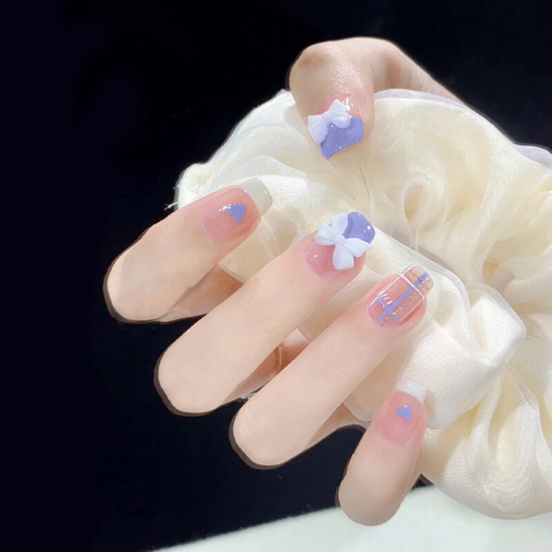 24Pcs Cute Short Square Head False Nails Pink Heart 3D Bow Design Fake Nail with Pearl Rhinestones Full Cover Press on Nail Tip