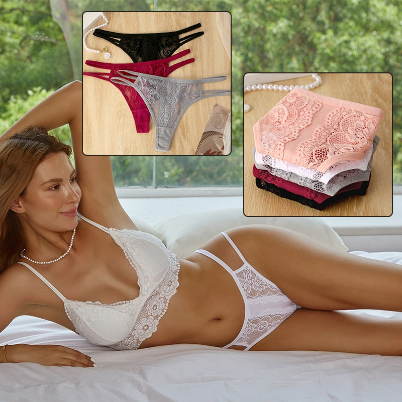3PCS/Set Women Sexy Lace Panties Hollow Out Thongs Low Waist Female Cotton G-String Underwear Bikini Intimates Lingerie