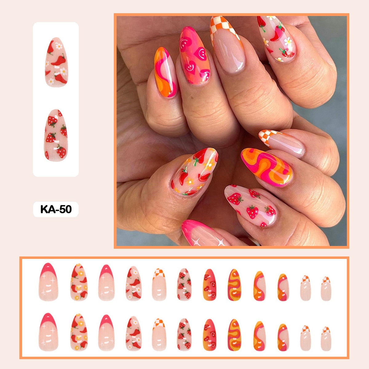 24pcs Girlish Colorful Graffiti Nail Art Fake Nails With Plants Flowers Patterns Short Press on False Nails With Wearing Tools