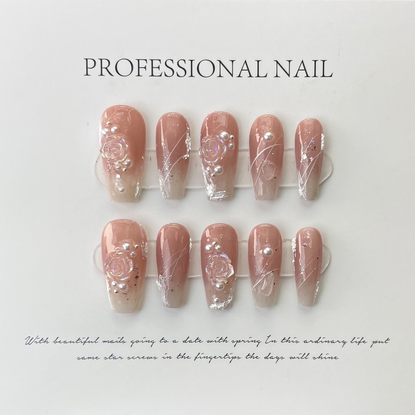 10Pcs Handmade Press on Nails Long Ballet Blue Fake Nails with 3D Ocean Moon Rhinestone Design False Nails Full Cover Nail Tips