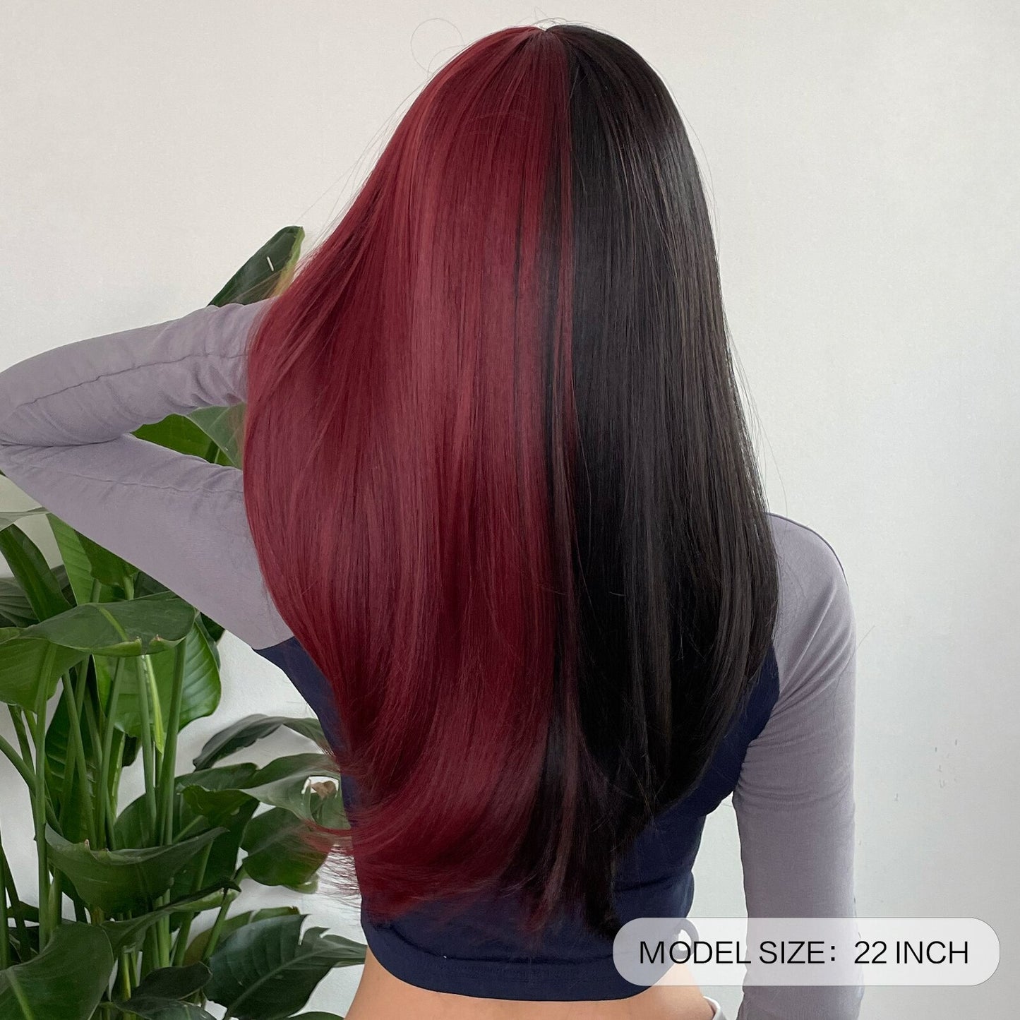 Black and Dark Red Long Straight Synthetic Hair Wigs with Bangs Cosplay Party Halloween Two Tone Wig for Women Heat Resistant