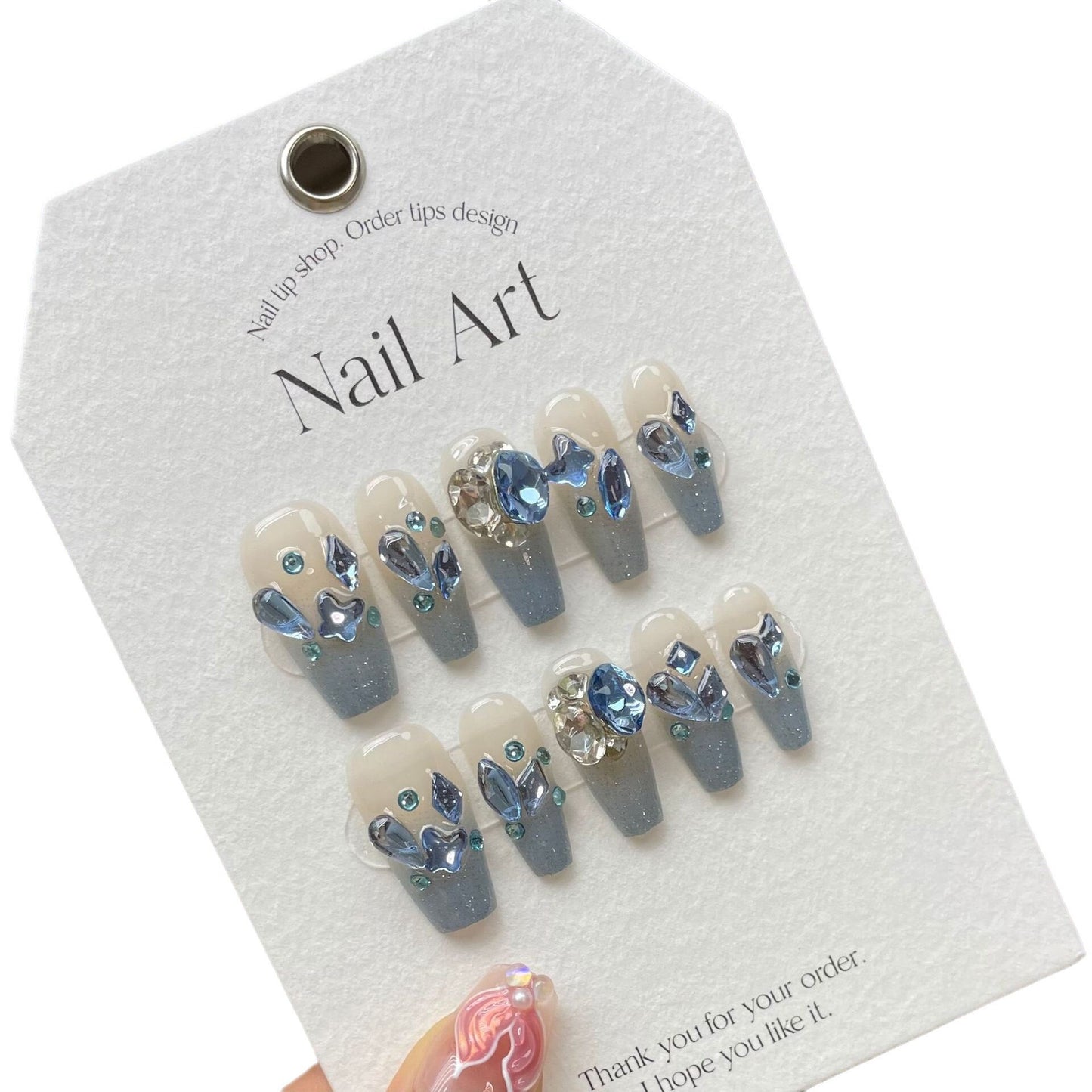 10Pcs Long Handmade Press On Nails Ballet Rhinestones Decoration False Nails High Quality Full Cover Gradient Fake Nails Tips