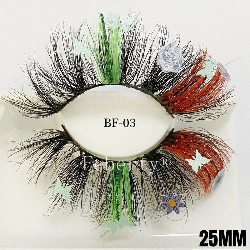 25mm 100% Mink Lashes With Butterflies or flowers glitter colored lashes Full Strip False Eyelash Butterfly Lash