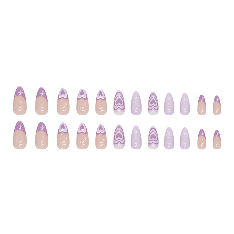24Pcs Purple Heart Almond False Nails Artificial Simple with Glue French Wearable Fake Nails Full Cover Press on Nails Tips Art