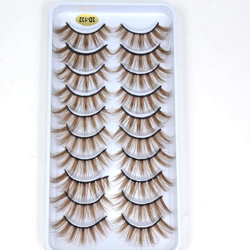 10 Pairs Natural Brown Eyelashes 3D Korea Silk Fiber Colored Blond Lashes Fluffy Cilia