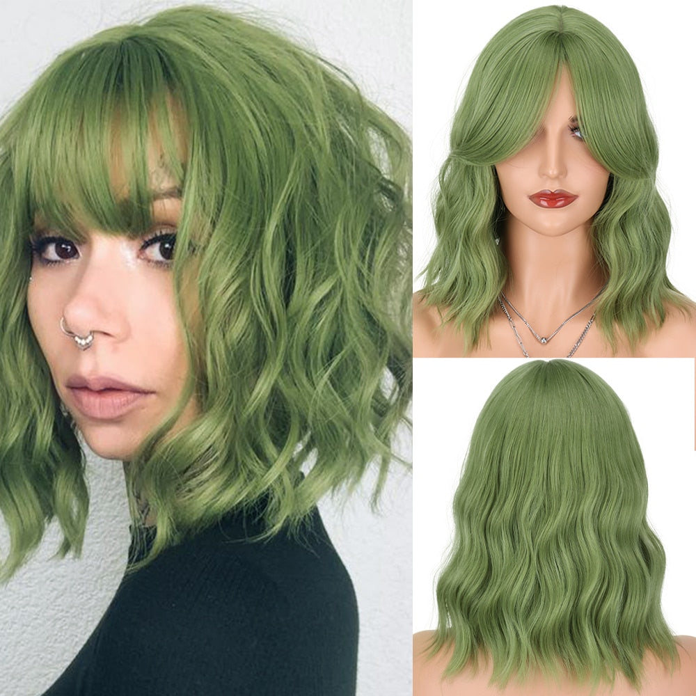 Synthetic Wigs Short Bob With Bangs For Women Ombre Black Red Blonde Pink Lolita Cosplay Party Natural Hair Roll inward