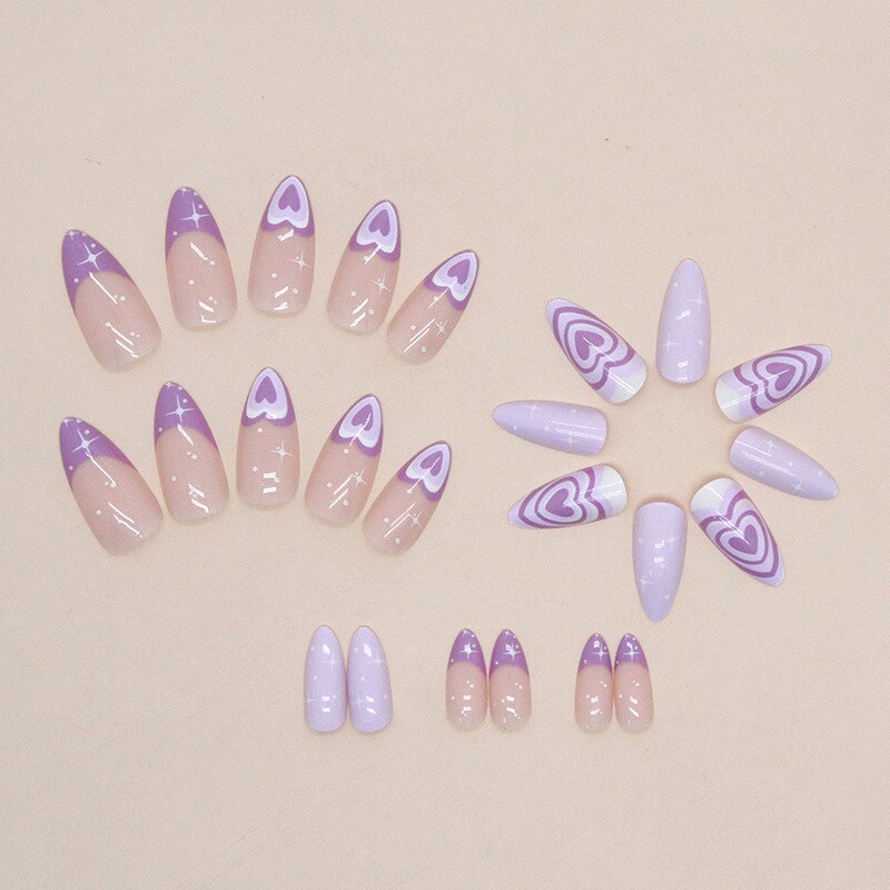 24Pcs Purple Heart Almond False Nails Artificial Simple with Glue French Wearable Fake Nails Full Cover Press on Nails Tips Art