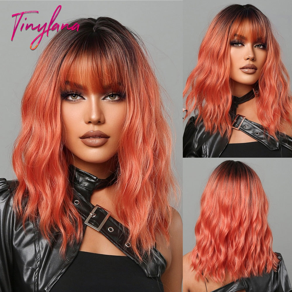 Short Wavy Dark Brown Mixed Golden Wigs with Bangs Black Blonde Bob Synthetic Hair for Women Natural Cosplay Heat Resistant Wig
