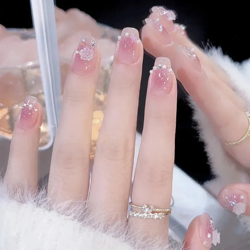 Medium Length Fake Nails 3D Flower Pearl Designs Nude Pink Color Press on Nails Ballerina False Nails for Women DIY Manicure