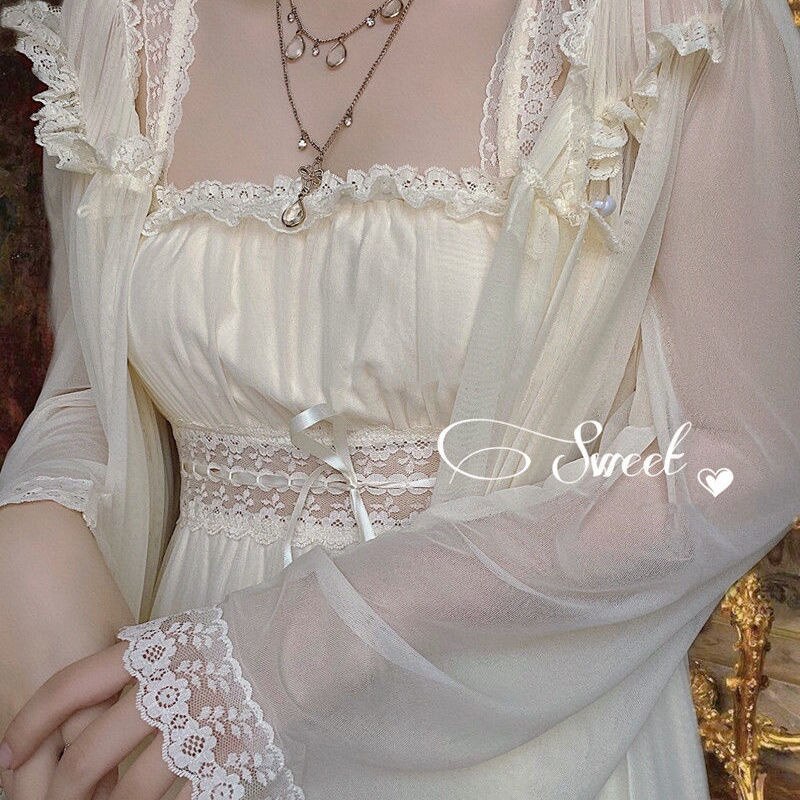 2pcs Nightgown Women Lace Mesh Princess Nightdress Vintage Retro Lady French Royal Court Style Summer Pajama Nightwear Sleepwear