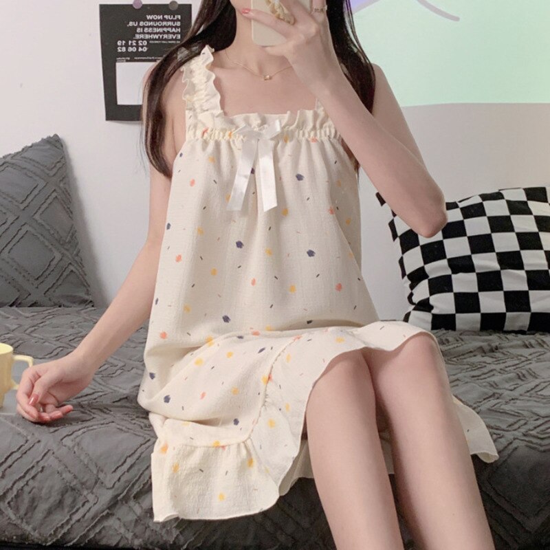 Summer Sleeveless Nightdress Women Cute Print Princess Nightgowns Sleepdress Home Dressing Gown Summer Long Sleepwear Nightwear