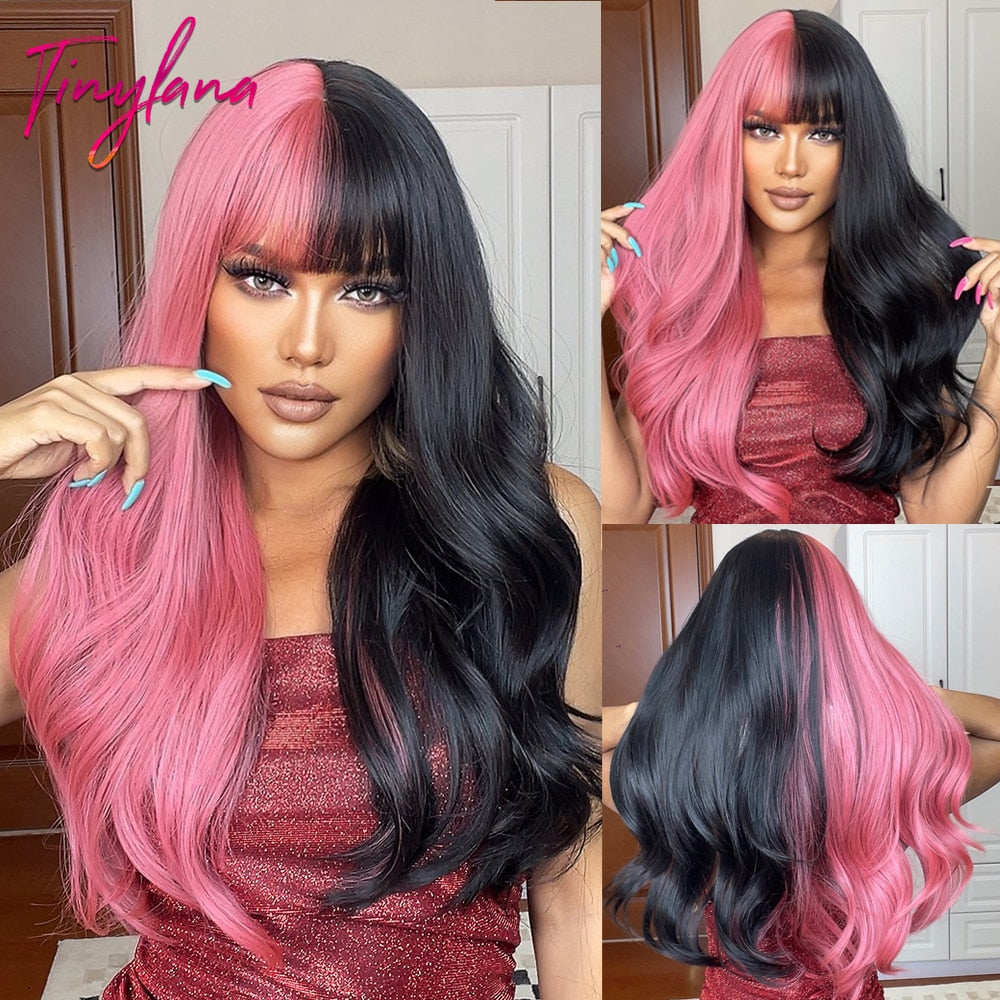 Black and Dark Red Long Straight Synthetic Hair Wigs with Bangs Cosplay Party Halloween Two Tone Wig for Women Heat Resistant