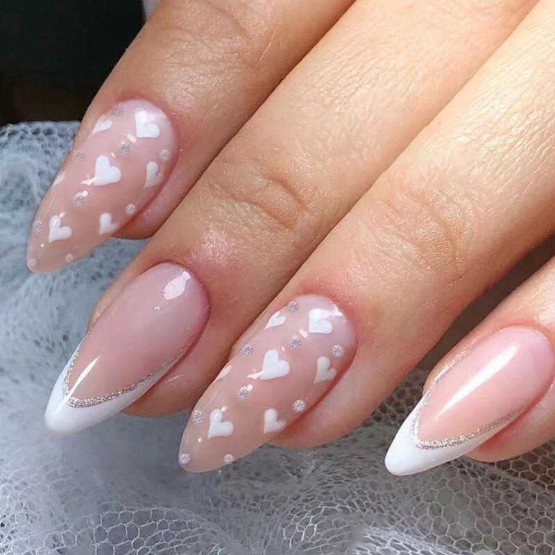 24Pcs Purple Heart Almond False Nails Artificial Simple with Glue French Wearable Fake Nails Full Cover Press on Nails Tips Art