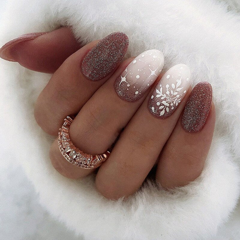 24PCS/Box Pearl Powder Milk White False Nails Round Head with Glue Long Ballet Wearable Fake Nails Full Cover Press on Nail Tips