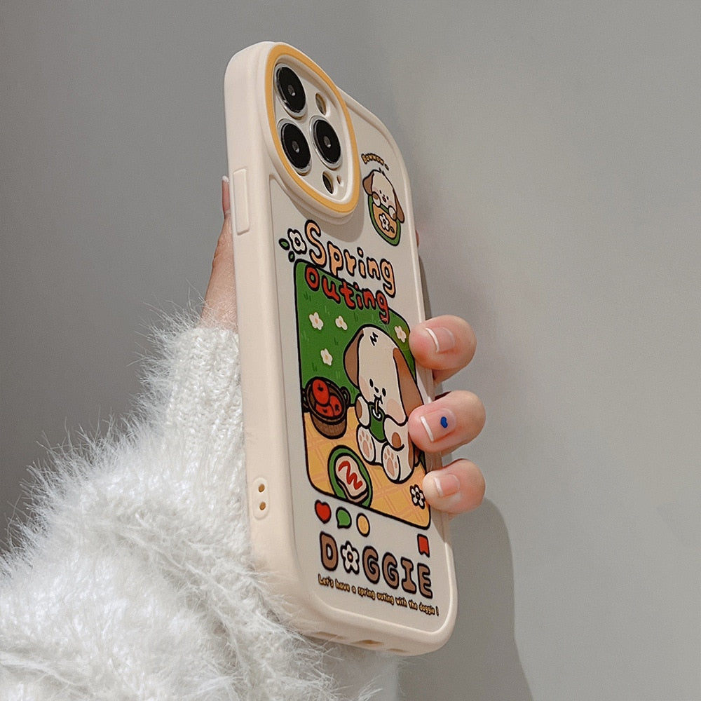 Retro spring picnic puppy dog art Kawaii Phone Case For iPhone 14 13 11 12 Pro Max 14 Plus XR Xs Max X 7 8 Plus Case Cute Cover