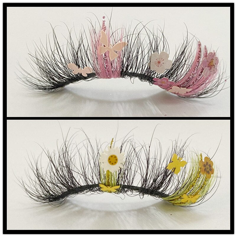 25mm 100% Mink Lashes With Butterflies or flowers glitter colored lashes Full Strip False Eyelash Butterfly Lash