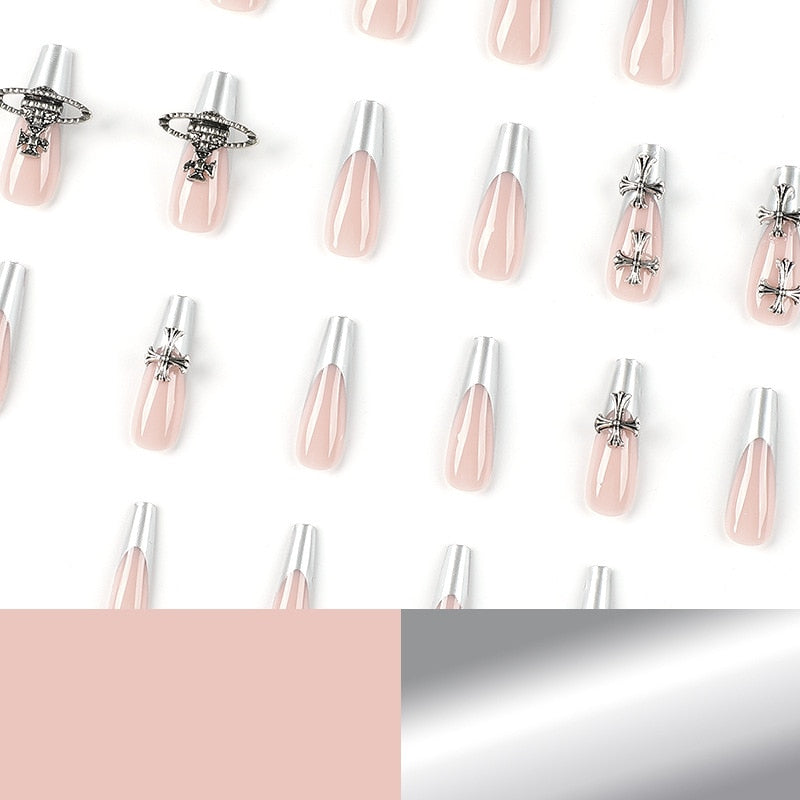Silver French Tip Press on Nails XXL Reusable Stick on Nails Set Press on