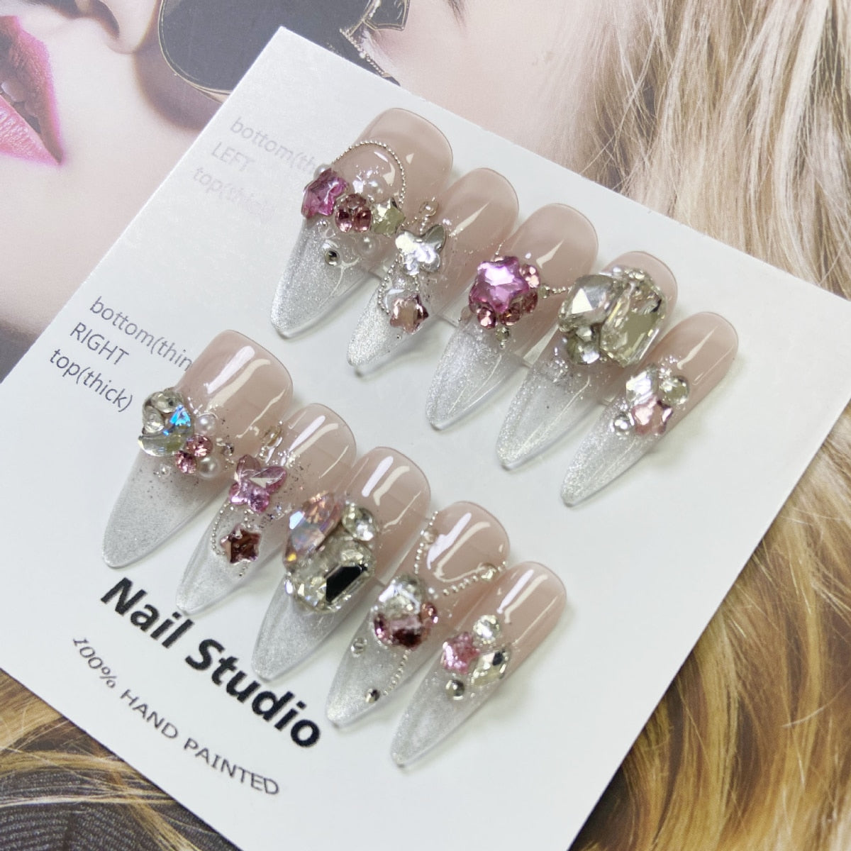 Sea Salt style Crystal Illusion Fake Nail Translucent Bottom Rhinestone Fingertip Clear Long Almond Handmade Wearable False Nail