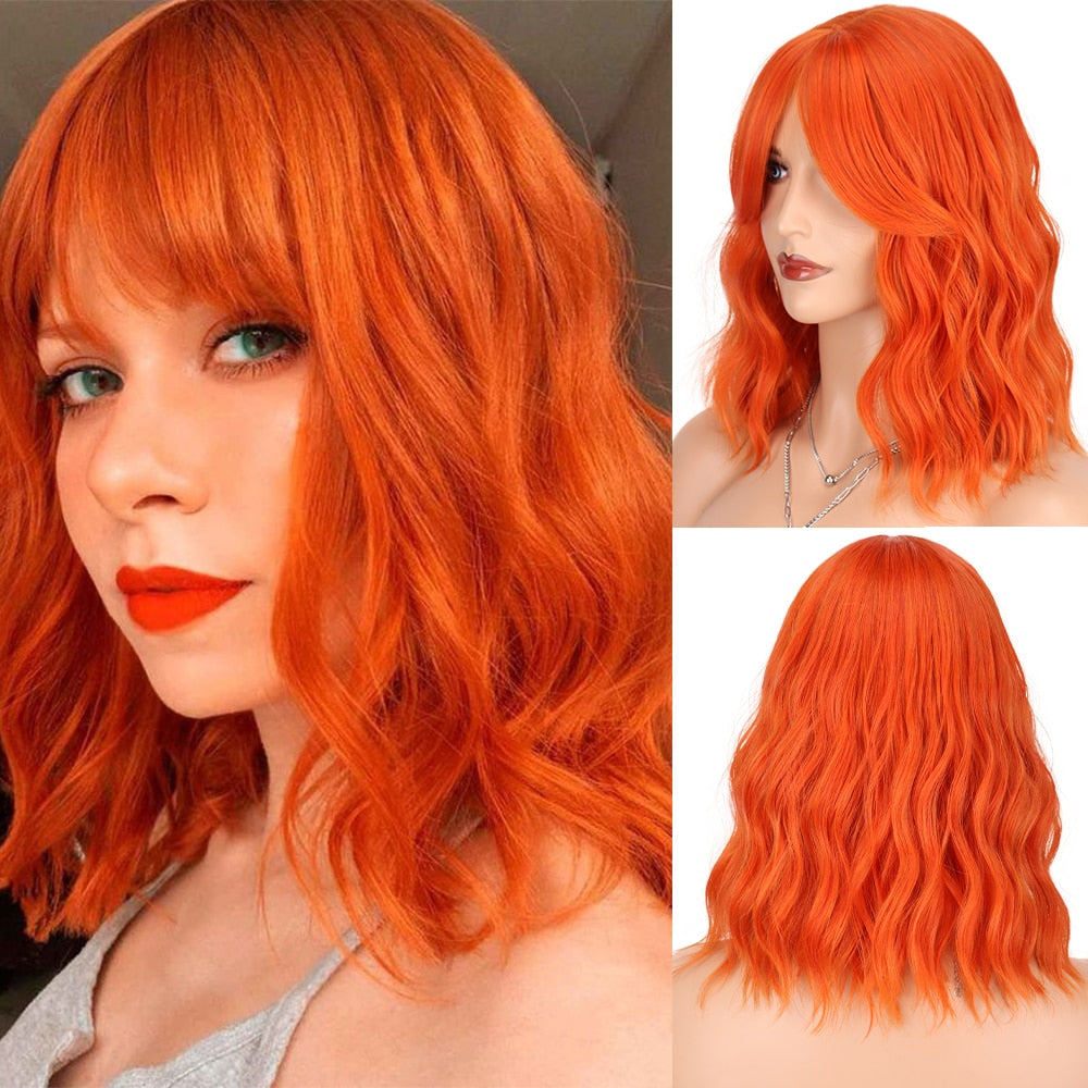 Synthetic Wigs Short Bob With Bangs For Women Ombre Black Red Blonde Pink Lolita Cosplay Party Natural Hair Roll inward