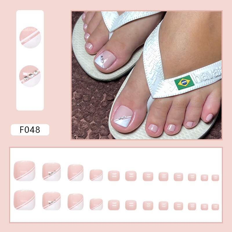 24pcs Pure French Diamond Sparkling toe fake nails with designs y2k Wearable Foot false nails full cover False Nail Art Pieces