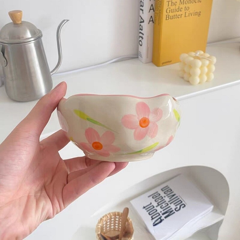 Creative hand pinched irregular ceramic bowl ins style girl heart lovely dessert yogurt bowl breakfast oatmeal bird's nest bowl