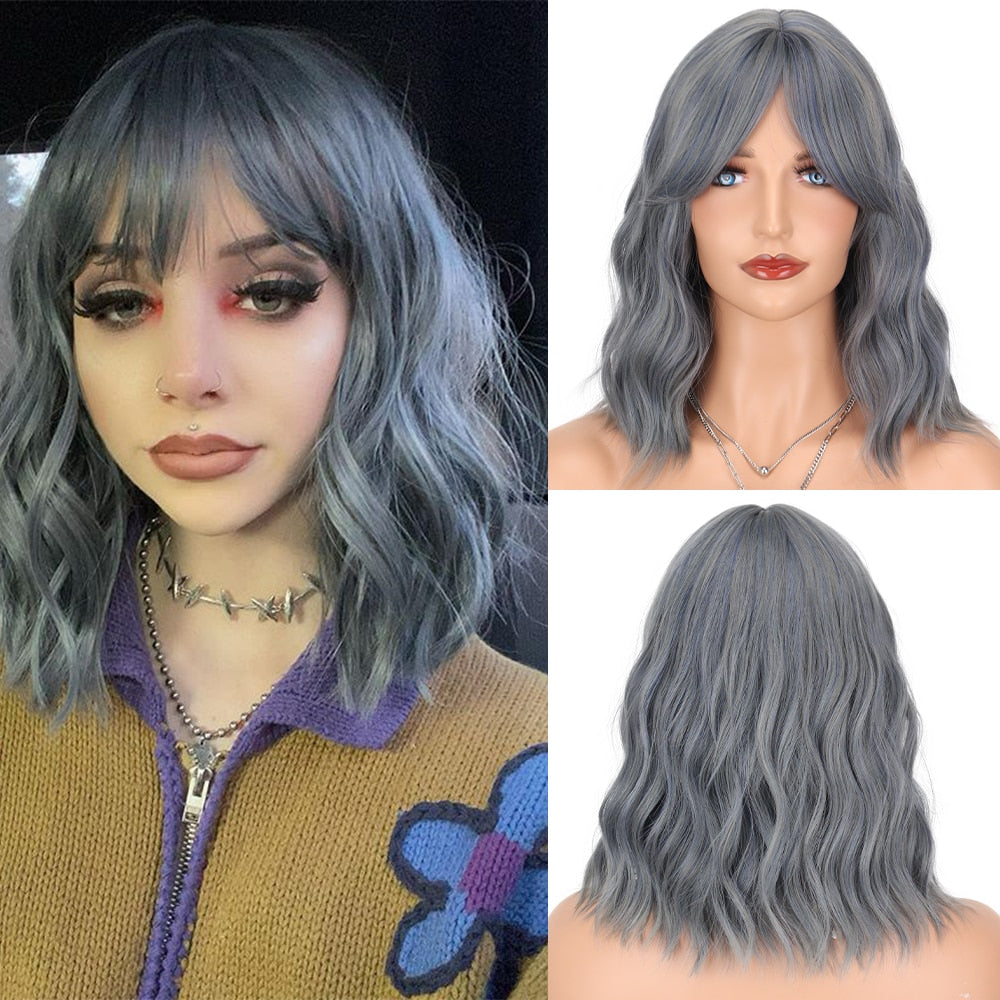 Synthetic Wigs Short Bob With Bangs For Women Ombre Black Red Blonde Pink Lolita Cosplay Party Natural Hair Roll inward