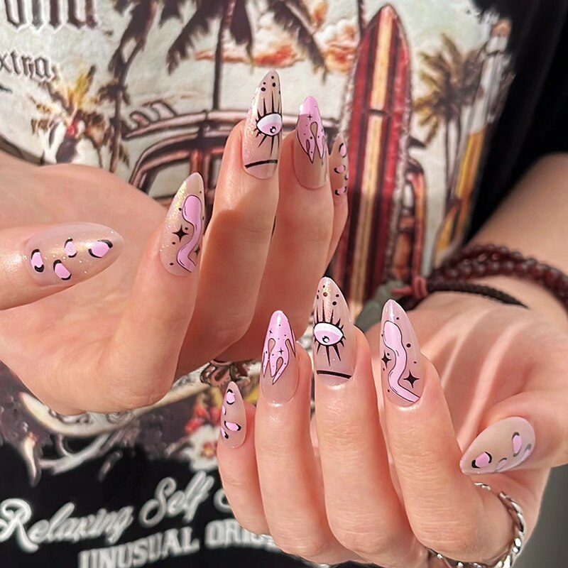 24pcs wearable pink flame press on nails full cover ballet Artificial nails short almond False nails with glue full cover