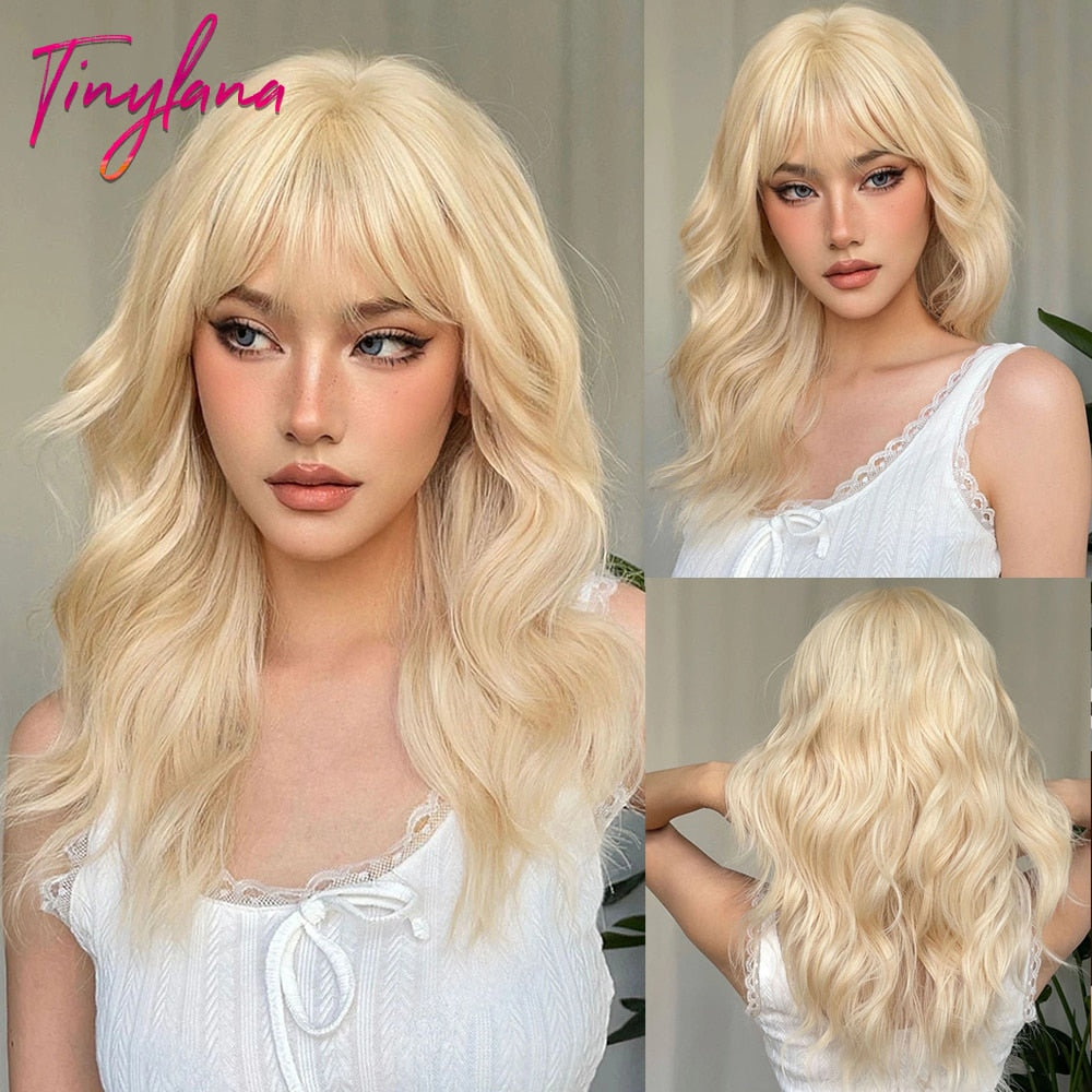 Short Wavy Dark Brown Mixed Golden Wigs with Bangs Black Blonde Bob Synthetic Hair for Women Natural Cosplay Heat Resistant Wig