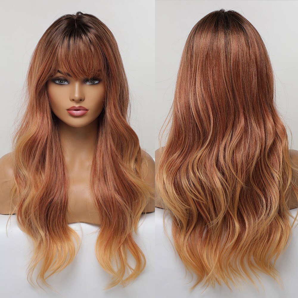 Synthetic Ombre Brown to Ginger Wigs Natural Blonde Wavy Hair Wig for Women Cosplay Orange-brown Daily Wigs with Bangs