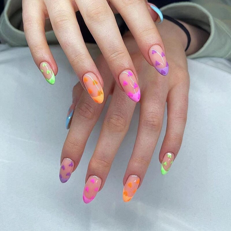 24pcs French natural fake nails with white edge full cover nude nail tips press on nails short almond artificial nails with glue