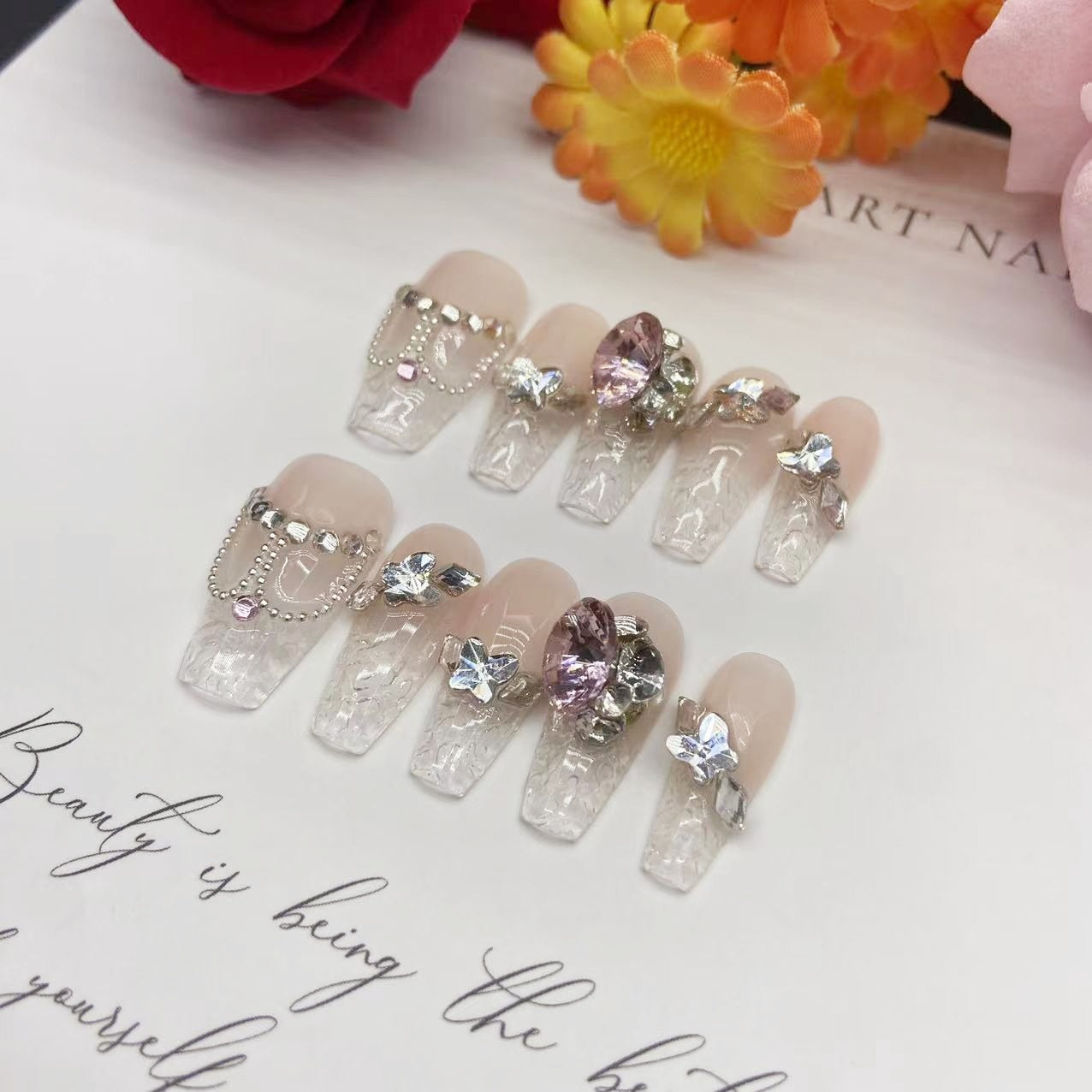 Sea Salt style Crystal Illusion Fake Nail Translucent Bottom Rhinestone Fingertip Clear Long Almond Handmade Wearable False Nail