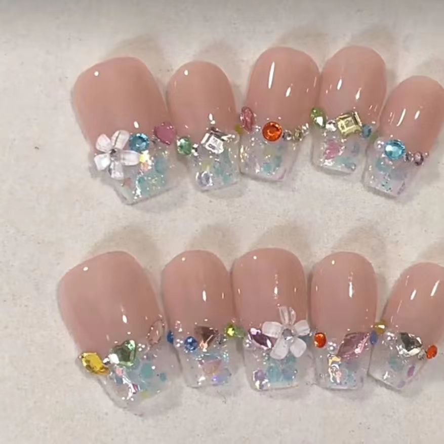 Sequins French Style Coloured Diamonds Handmade Fake Nail Pearl Shiny Reusable Nail Art Wearable Nail