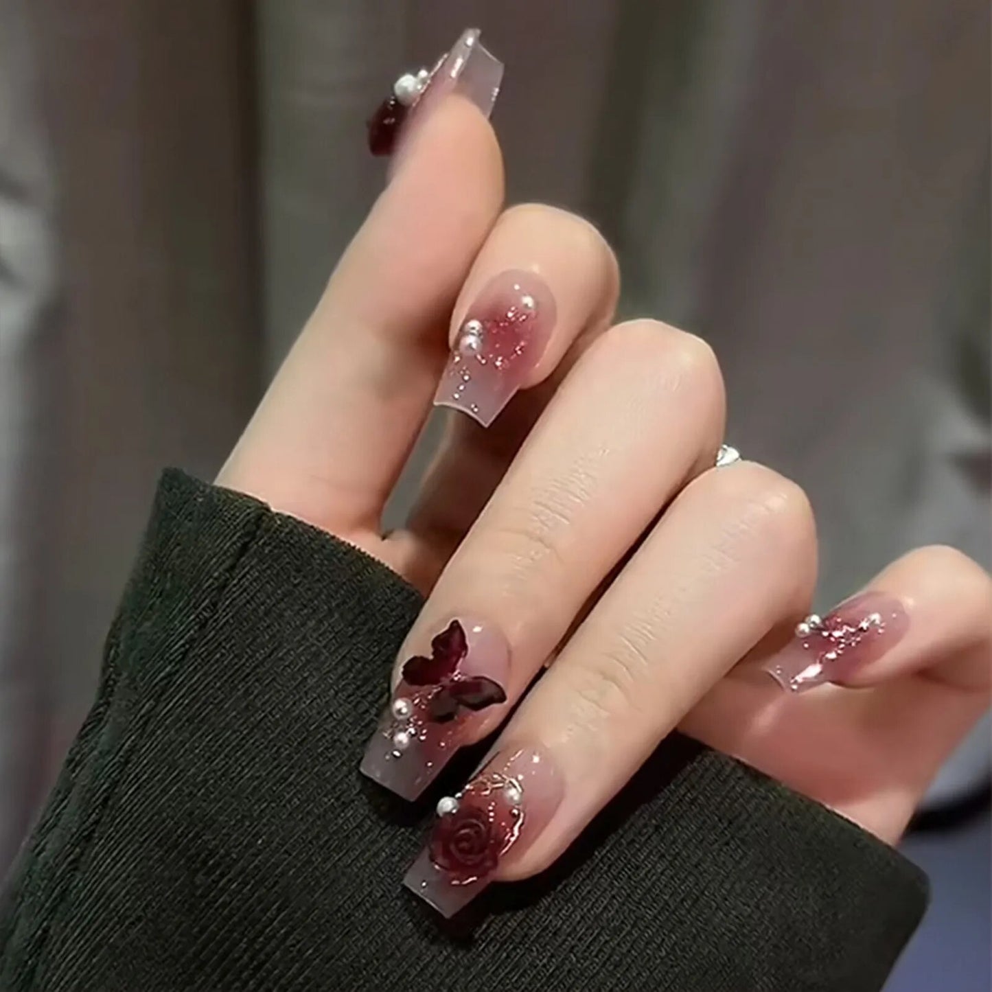 Medium Length Fake Nails 3D Flower Pearl Designs Nude Pink Color Press on Nails Ballerina False Nails for Women DIY Manicure