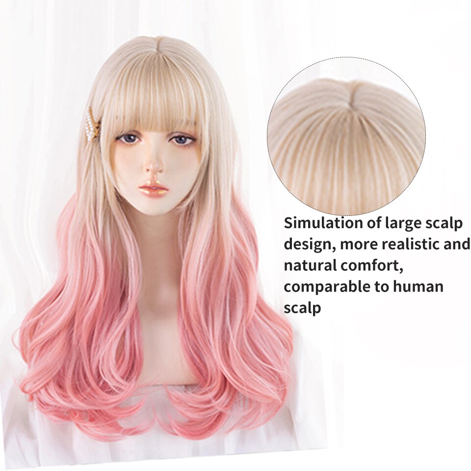 synthesis Long wavy curly girl blonde gradient pink Lolita cosplay curly bangs party wig