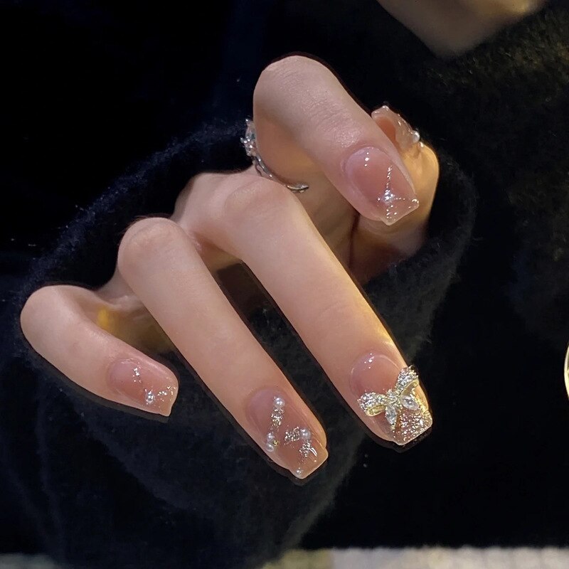 24Pcs Cute Short Square Head False Nails Pink Heart 3D Bow Design Fake Nail with Pearl Rhinestones Full Cover Press on Nail Tip