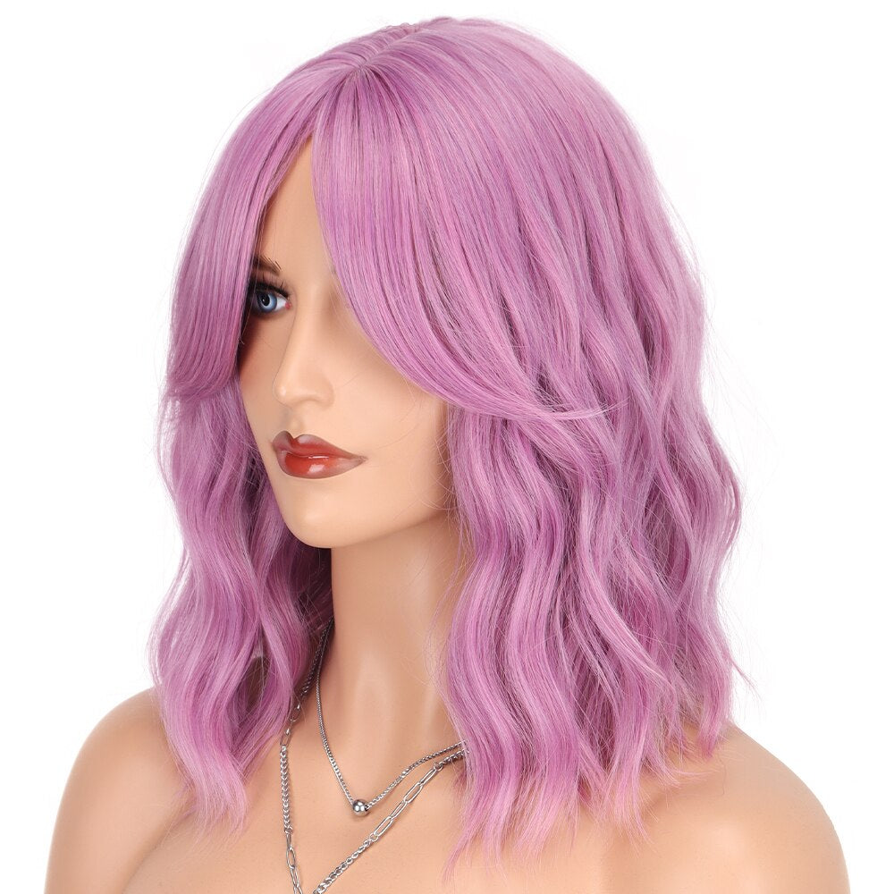 Synthetic Wavy Bob Wigs 14Inch Cosplay Medium Wig With Bangs Natural Hairline Orange Purple Pink Blue Wigs For Women