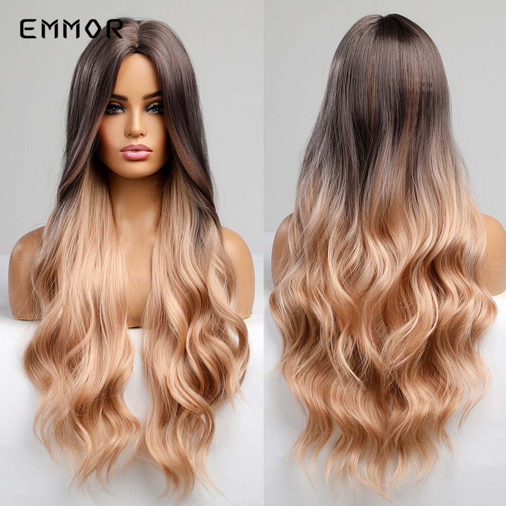 Synthetic Long Wavy Wigs with Bangs Cosplay Natural Ombre Brown to Ash Brown Hair for Women High Temperature Fiber Wig