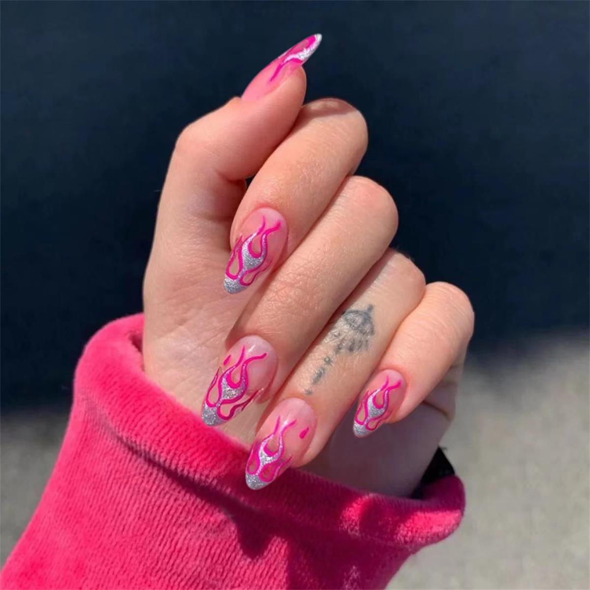 24pcs wearable pink flame press on nails full cover ballet Artificial nails short almond False nails with glue full cover