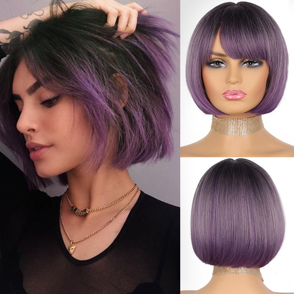 Synthetic Wigs Short Bob With Bangs For Women Ombre Black Red Blonde Pink Lolita Cosplay Party Natural Hair Roll inward