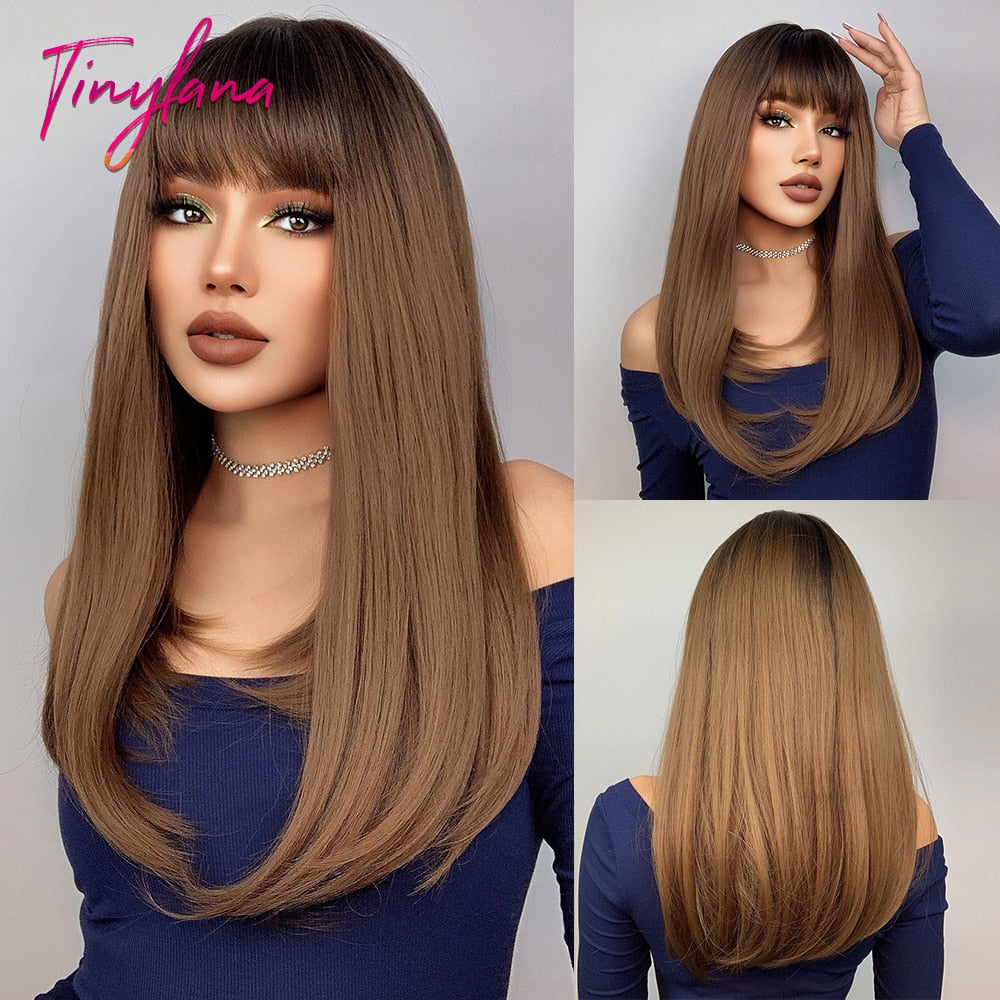 Black and Dark Red Long Straight Synthetic Hair Wigs with Bangs Cosplay Party Halloween Two Tone Wig for Women Heat Resistant