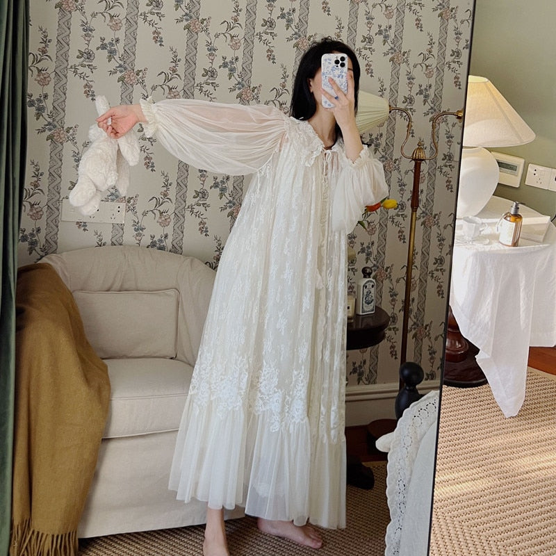 Vintage Luxury White Lace 2-Pics Women's Robe Sets Royal Roupas De Dormir Femininas Holiday Princess Sleepwear