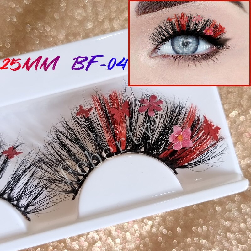 Fluffy lashes 25mm glitter Mink Lashes With Butterfly flowers yellow Pink Green Colorful Lashes Glitter False Eyelashes