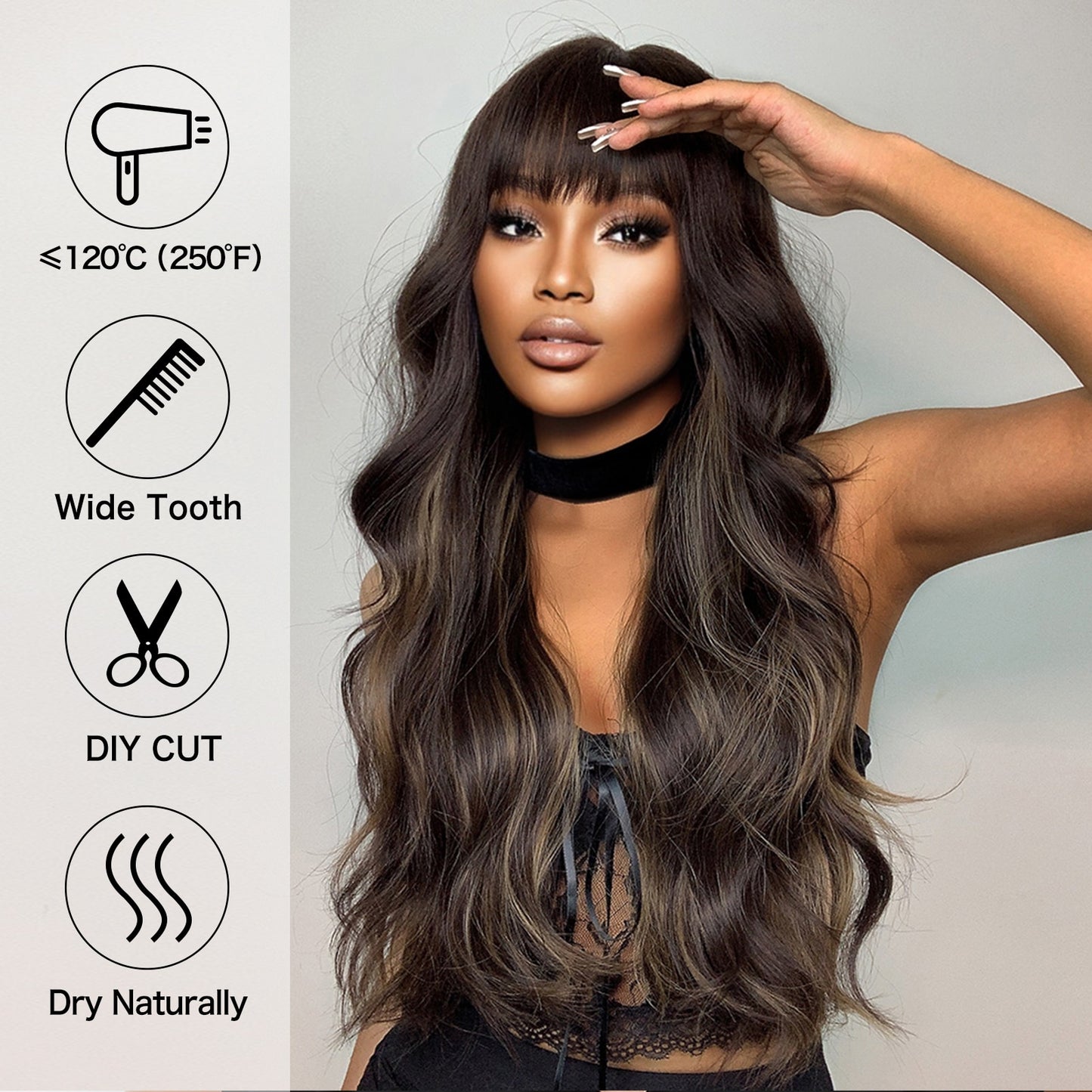 Dark Brown Synthetic Wigs with Bangs Long Wavy Golden Highlights Women's Wig Daily Cosplay Party Natural Hair Heat Resistant