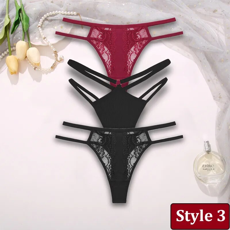3PCS/Set Women Sexy Lace Panties Hollow Out Thongs Low Waist Female Cotton G-String Underwear Bikini Intimates Lingerie