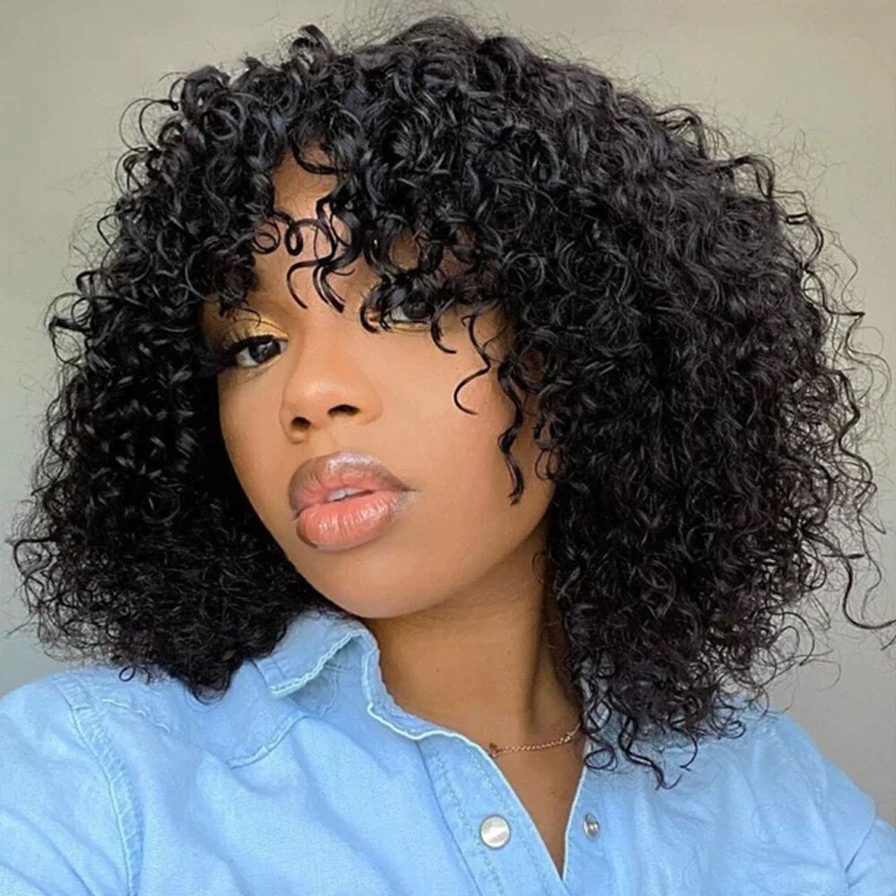 Afro Rose Curly Funmi Wigs with Bang Short Bouncy Curly Bob Wig With Bang Rose Curly Machine Made Human Hair Wig For Black Women